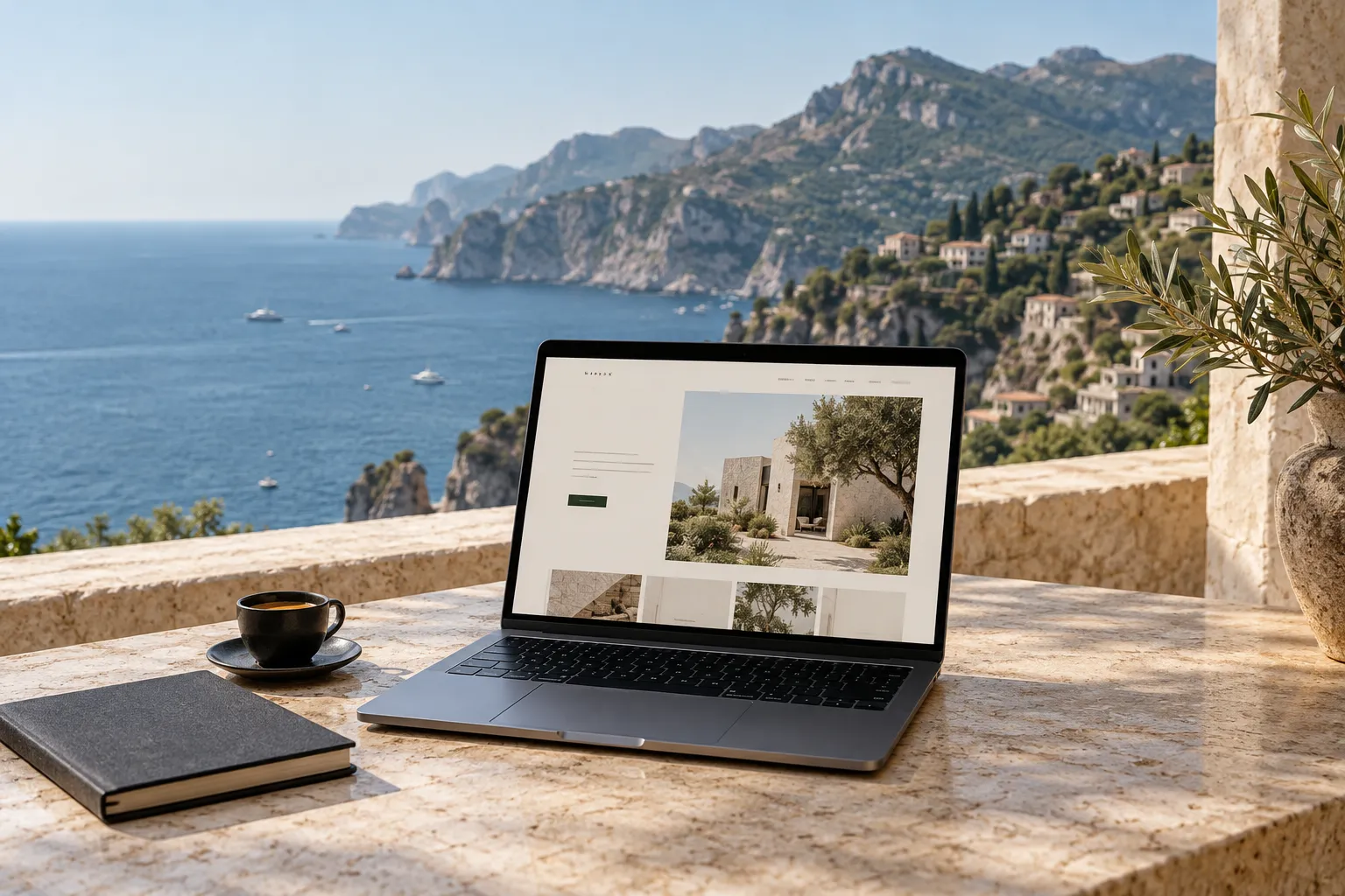 A laptop and coffee on a stone terrace overlooking the sea and coastal mountains.