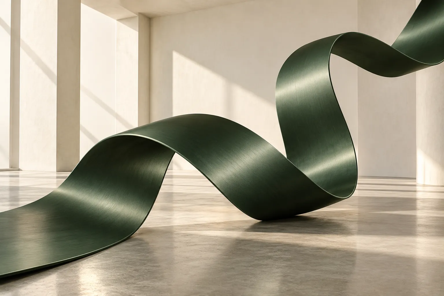 A continuous green ribbon moving through a sunlit architectural space