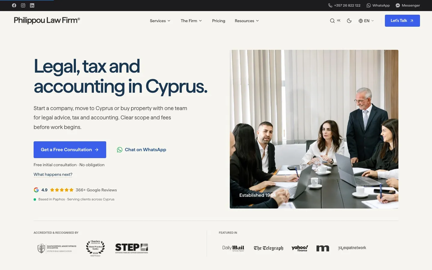 Philippou Law Firm website with its legal, tax and accounting introduction