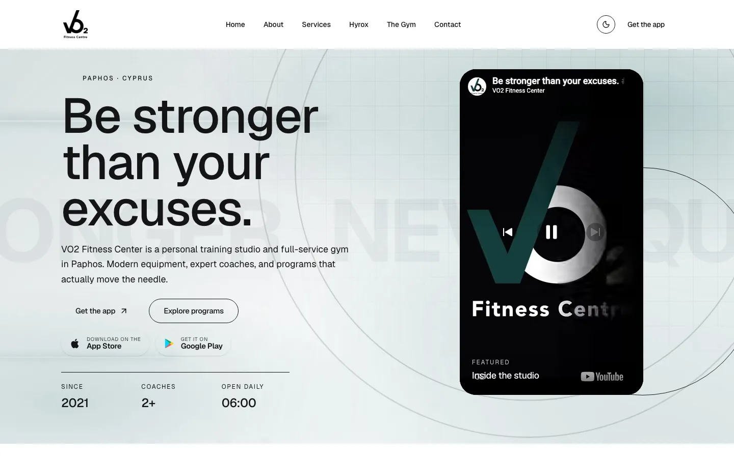 VO2 Fitness Center website with the headline Be stronger than your excuses
