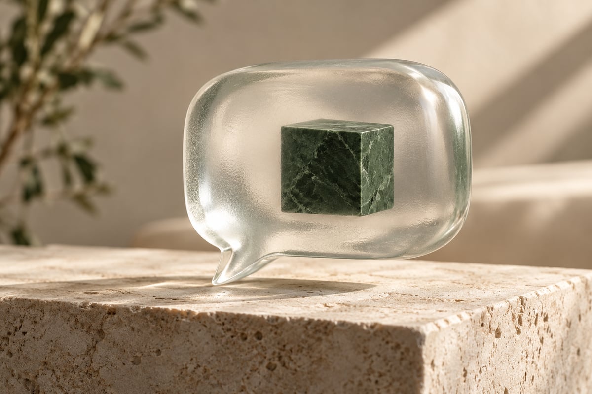 A frosted glass speech sculpture with a green source block, illustrating grounded answers.