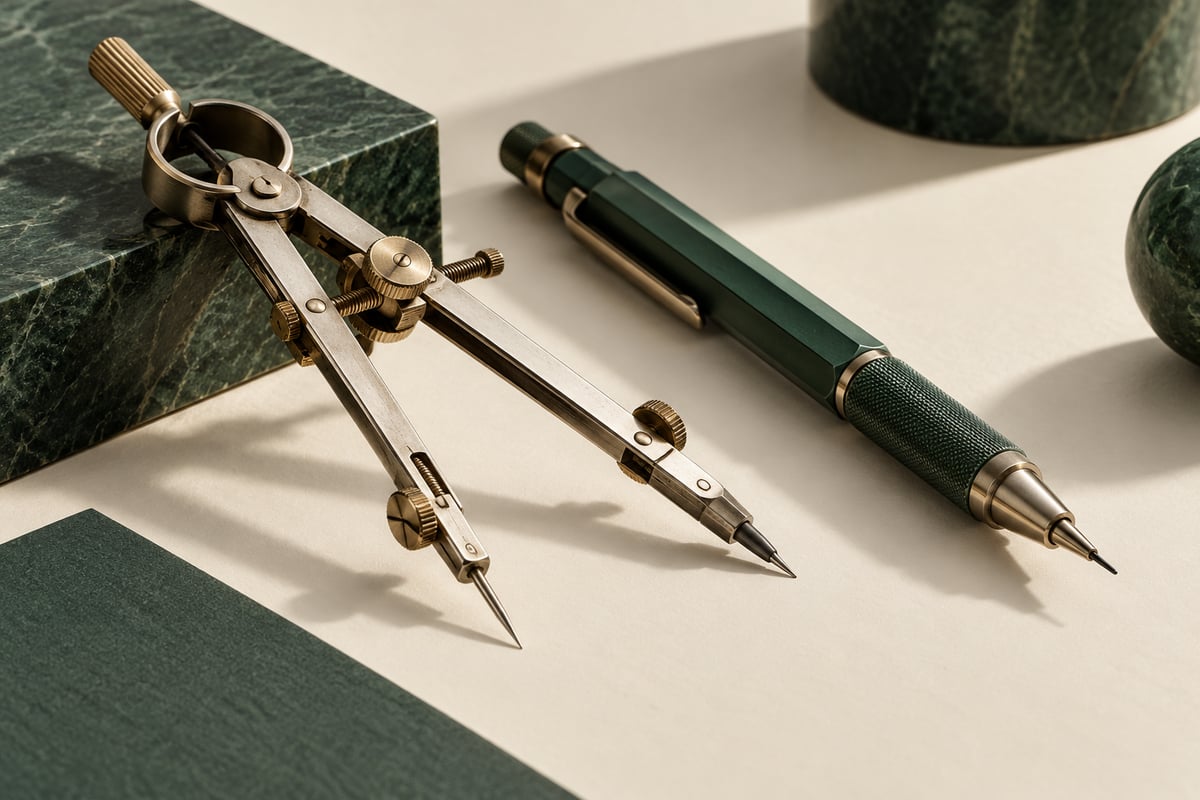 Precision drafting and mechanical tools, illustrating expertise supported by technology.