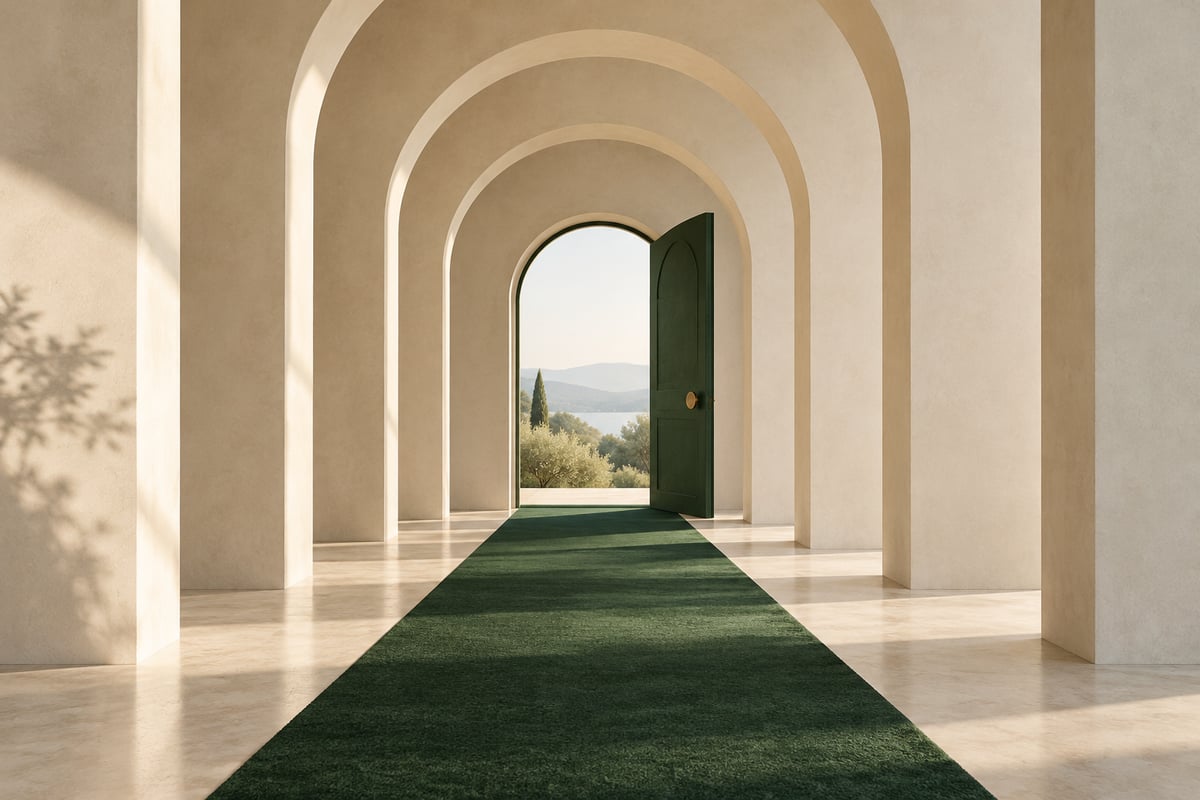A green path leading through architectural doorways, illustrating service discovery.